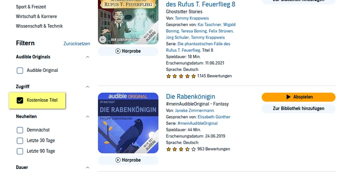 Kostenlose Titel in Audible